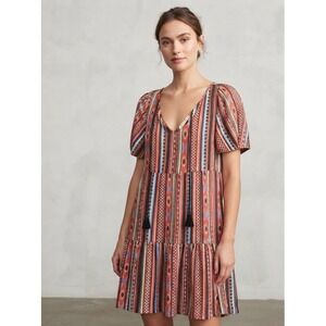 Black Tape Boho Tribal Geometric Tiered Tassel Puff Sleeve Mini Dress Size M